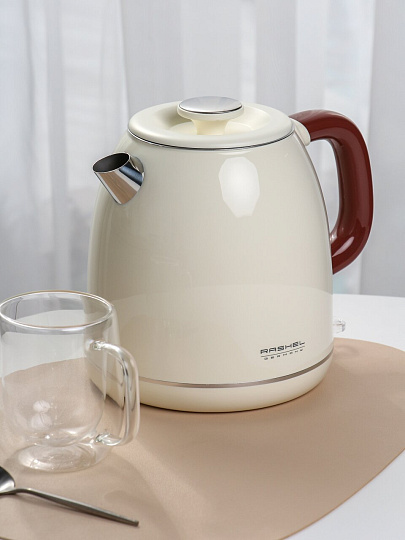 Чайник электрический RasheL, R-440-20, кремовый, 2 л, 1800 Вт, скрытый нагревательный элемент, нержавеющая сталь