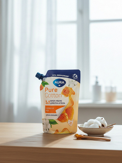 Крем-мыло жидкое Aura, Pure Cotton, 2в1, Хлопок и мёд, 450 мл, дой-пак