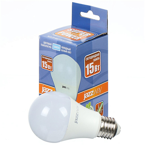 Лампа светодиодная E27, 15 Вт, 150 Вт, груша, 5000 К, свет холодный белый, JazzWay, PLED- SP A60