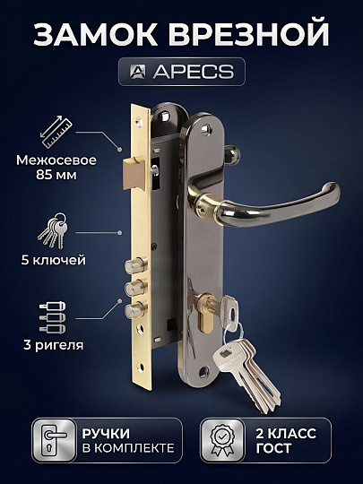 Замок врезной Apecs, 2210/60-B/G, 2876, ручка в комплекте, цилиндровый, черный никель/золото