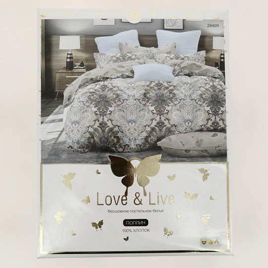 Постельное белье евро, простыня 215х240 см, 2 наволочки 70х70 см, пододеяльник 200х215 см, Love&amp;Live, поплин, 28409
