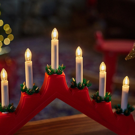 Подсвечник декоративный пластик, 41х29.5 см, красный, Uniel, 7 миниламп, белый свет, UL-00007387