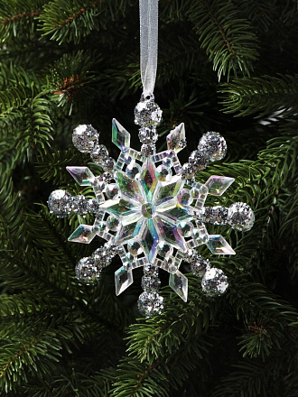 Елочное украшение Снежинка, прозрачный с серебром, 12 см, пластик, Y4-9498