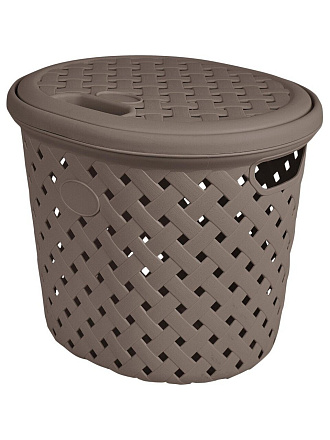 Корзина для белья, 14 л, 28х28х32.5 см, овальная, пластик, шоколадный мокко, с крышкой, Plast team, Rattan, PT408811