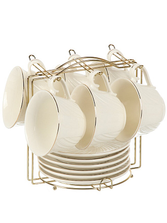 Набор чайный фарфор, 12 предметов, на 6 персон, 220 мл, металлическая подставка, ТМ Глория, Bonjart, 202346, подарочная упаковка