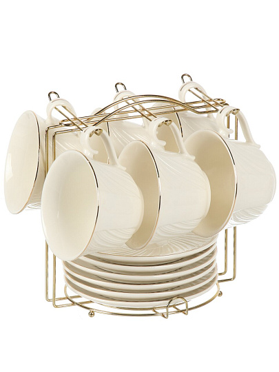 Набор чайный фарфор, 12 предметов, на 6 персон, 220 мл, металлическая подставка, ТМ Глория, Bonjart, 202346, подарочная упаковка