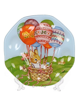 Блюдо стекло, для яиц, круглое, 21 см, разноцветное, Пасхальный зайчик, Daniks