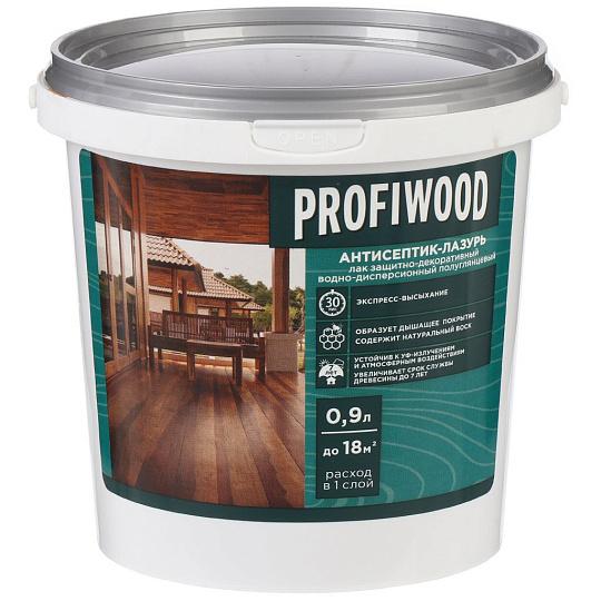 Антисептик Profiwood, декоративный, лазурь, атмосферостойкий водно-дисперсионная, белый, 0.9 кг