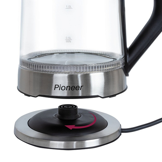 Чайник электрический Pioneer, KE803G, черный, 1.7 л, 2200 Вт, скрытый нагревательный элемент, стекло