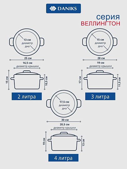 Набор посуды нержавеющая сталь, 6 предметов, кастрюли 2, 3, 4 л, индукция, Daniks, Веллингтон, GS-01415-6SE