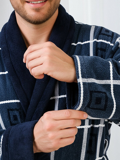 Халат мужской, махровый, 100% хлопок, синяя клетка, М, 48-50, Silvano