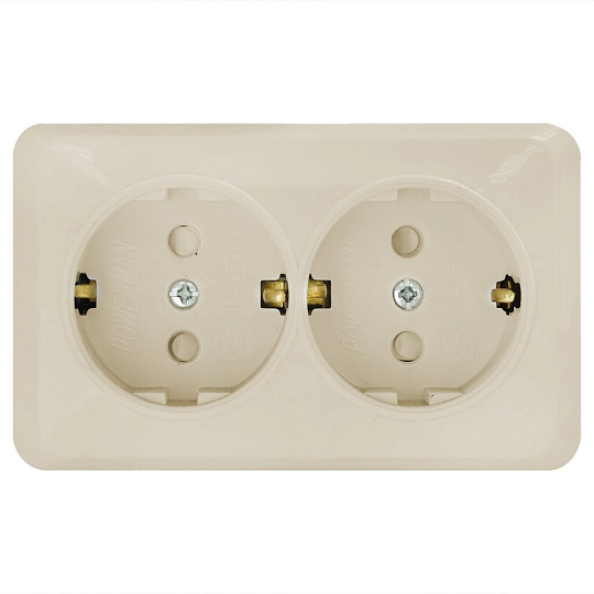 Розетка открытой установки, 2 гнезда, с заземлением, 16 А, с защитными шторками, кремовая, Powerman, Fazenda Евро, 7128