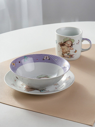 Набор посуды керамика, 3 шт, Прогулка на скейте, тарелка 17.5 см, салатник 15 см/350 мл, кружка 230 мл, Daniks