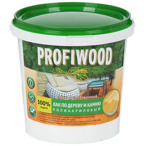 Лак Profiwood, по дереву и камню, воднодисперсионный, глянцевый, полиакриловый, для внутренних и наружных работ, 0.9 кг