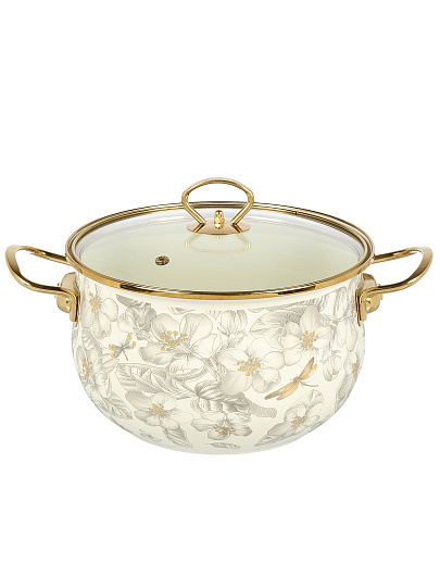 Кастрюля эмалированная сталь, 5 л, крышка стекло, Daniks, Цветущий сад, индукция