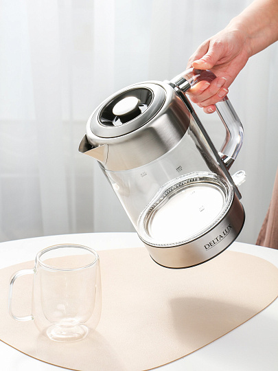 Чайник электрический Delta Lux, DE-1026, 1.7 л, 2200 Вт, скрытый нагревательный элемент, стекло, нержавеющая сталь