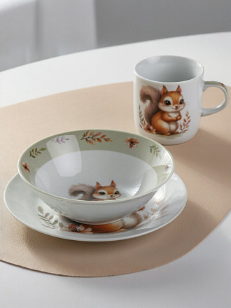 Набор посуды керамика, 3 шт, Белочка, тарелка 17.5 см, салатник 15 см/350 мл, кружка 230 мл, Daniks