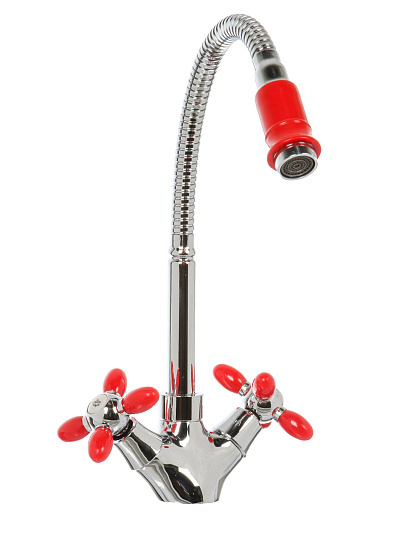 Смеситель для кухни, Эверест, гибкий излив, с кран-буксой, красный, B58-071C