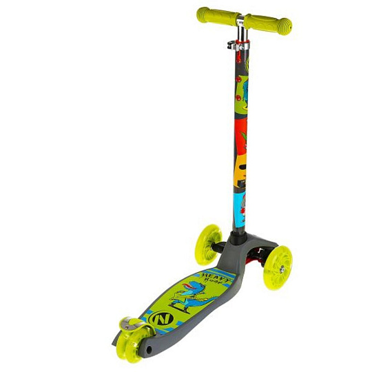 Самокат трехколесный, детский, колеса 120, 80 мм, управление наклоном, регулируемая рулевая стойка, подсветка колес, Next, Дино, JP-MG-03M-DINO_N