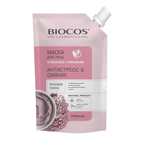 Маска для лица, Biocos, Антистресс и Сияние, на основе розовой глины, 100 мл