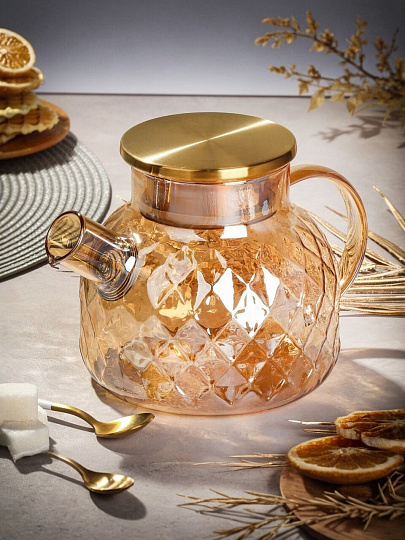 Чайник заварочный стекло, 1 л, с ситечком, Y6-10052, золотой