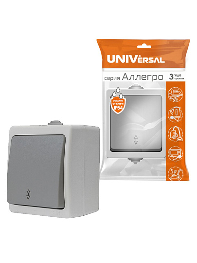Выключатель открытой установки, одноклавишный, 10 А, ABS пластик, серый, проходной, UNIVersal, Аллегро, 1276