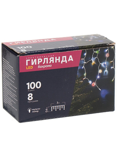 Гирлянда 100 ламп, 3х0.6 м, 8 режимов, Занавес, свет мультиколор, белая, в помещении, сетевая, SYDA-041938