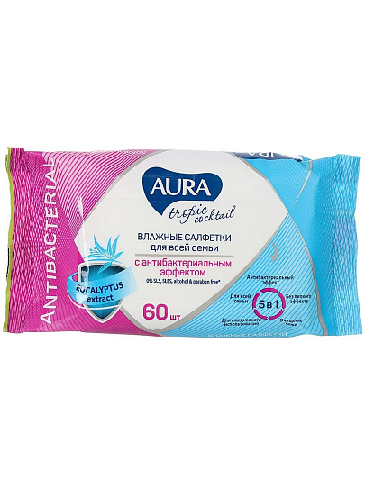 Салфетки влажные Aura, Тропический коктейль, антибактериальные, 60 шт