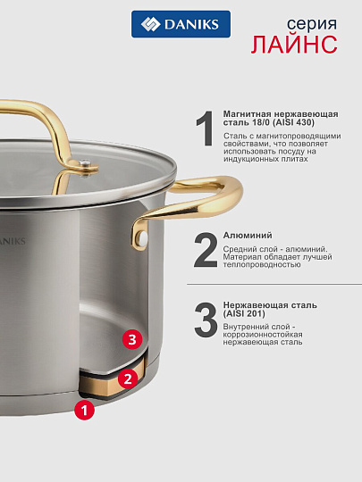 Кастрюля нержавеющая сталь, 4.75 л, крышка стекло, круглая, Daniks, Лайнс, SD-072-22, индукция