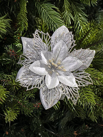 Елочное украшение Пуансеттия, серебро, 16 см, на прищепке, набор 5 шт, Y4-9820МП