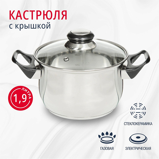 Кастрюля нержавеющая сталь, 1.9 л, с крышкой, крышка стекло, DNN1, SD-A19-16/SD-A19-6-16
