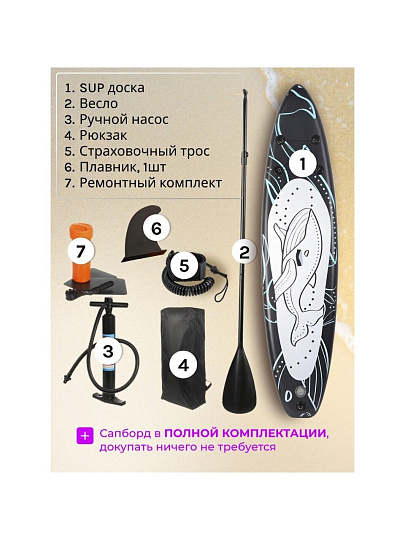 Сап борд надувной 330х81х15 см, одинарный ПВХ, рюкзак, насос, весло и лиш, ремкомплект, 190 кг, SUP005