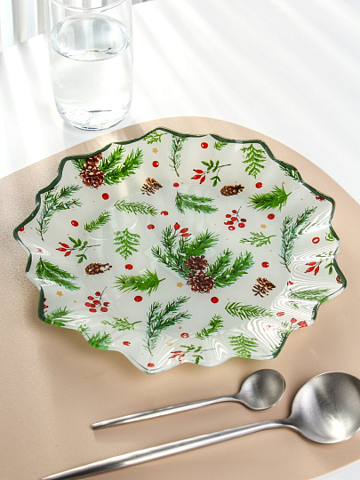 Блюдо стекло, 24 см, круг, рифлен, Еловая ветвь, Daniks