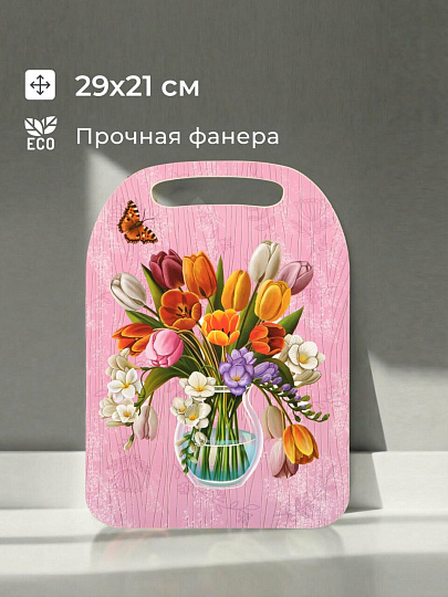 Доска разделочная дерево, 29х21х0.6 см, с ручкой, розовая, прямоугольная, Цветы в вазе, К-288