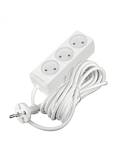 Удлинитель бытовой 3 гнезда, 5 м, ПВС, 2х0.75 мм², без заземления, 2200 Вт, Domtok, 2372