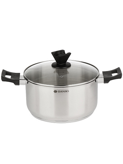 Кастрюля нержавеющая сталь, 5.5 л, крышка стекло, круглая, Daniks, WT-C334- 24CA, индукция