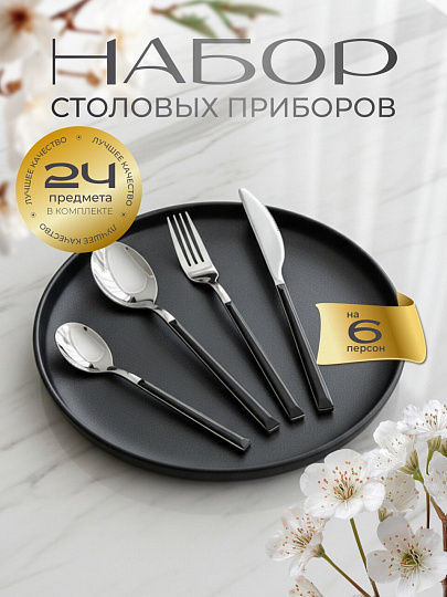 Набор столовых приборов пластик, металл, 24 предмета, черный, глянец, B020143
