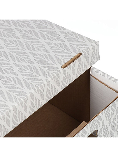 Коробка для хранения, 1 секция, с крышкой, складная, 37х28х18 см, гофрокортон, с ручкой, белый/бурая, Листья, Д20104/№2