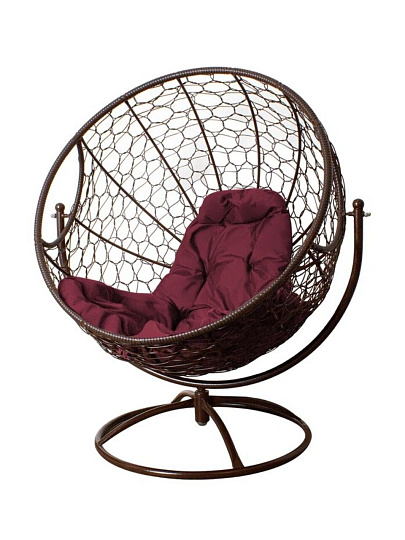Кресло вращающееся ротанг, Гагарин, 106х69х139 см, коричневое, 150 кг, подушка бордовая, 11100202