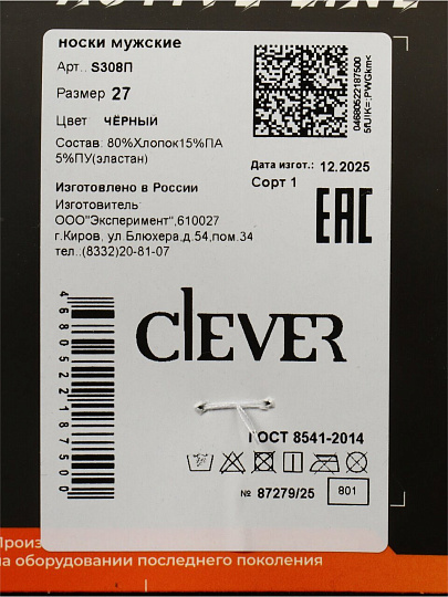 Носки для мужчин, Clever, Спорт, черные, р. 27, база, плюш, S308П
