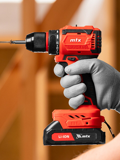 Дрель-шуруповерт аккумуляторный, MTX, CDS-BL-20, бесщеточный, 20 В, кейс, черный с красным, 26187