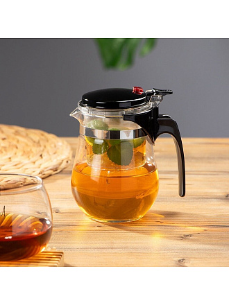 Чайник заварочный стекло, нержавеющая сталь, 0.5 л, с кнопкой, Gung Fu, 004532