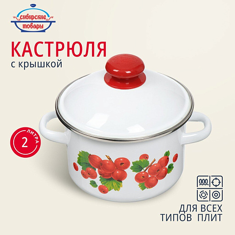 Кастрюля эмалированная сталь, 2 л, с крышкой, крышка сталь, Сибирские товары, Калина красная, 1MD161M, индукция