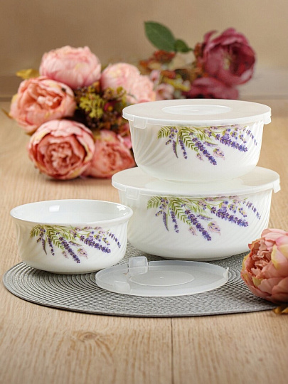 Салатник стеклокерамика, круглый, 3 шт, 9 см, 14, 16, 19 см, 0.5, 0.8, 1.4 л, с крышкой, Лаванда, Daniks, HDW3T-P