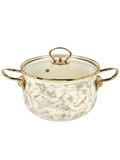 Кастрюля эмалированная сталь, 2.7 л, крышка стекло, Daniks, Цветущий сад, индукция