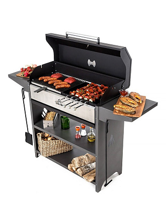 Мангал 1582х445х1110 мм, 3 мм, разборный, с крышкой, стационарный, гриль, складные полки, термоизоляция, Gratar, Professional, POB3000