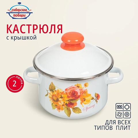 Кастрюля эмалированная сталь, 2 л, с крышкой, крышка сталь, цилиндрическая, Сибирские товары, Весна, 1MD161M, индукция