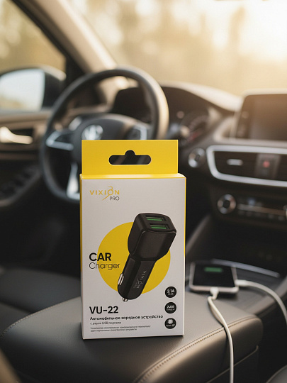 Автомобильное зарядное устройство Vixion, VU-22, USB Smart IC, в прикуриватель, 2.1 А, черное, GS-00028939