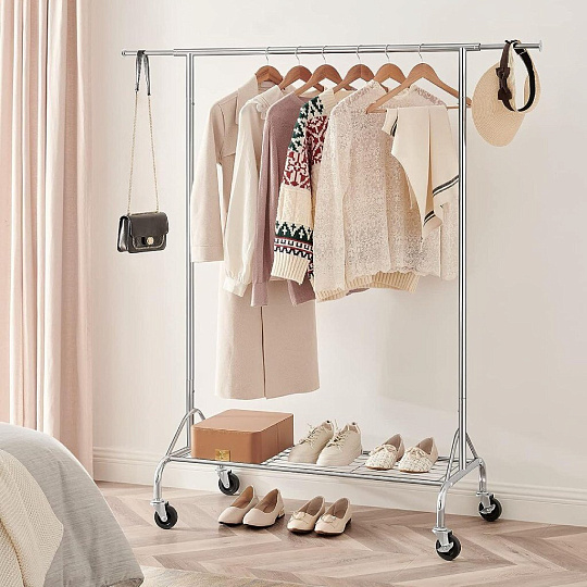 Вешалка напольная 110.5х48.5х160 см, Songmics, металл, с колесами, полка для обуви, телескопическая, 75 кг, Лофт, HSR02S, серебристая