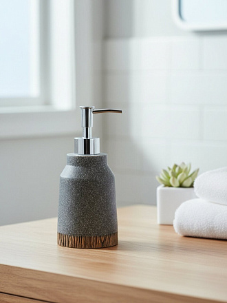 Дозатор для жидкого мыла Серый/дерево, полистоун, 7.9x7.9x11.8/17.9 см, BRE0953AA-LD